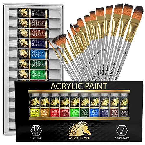 MyArtscape Artist Quality Painting Set - Acrylic Paint Set - 12 x 12ml Tubes - with Premium Set of 15 Short Handle Art Brushes for Watercolor, MyArtscape