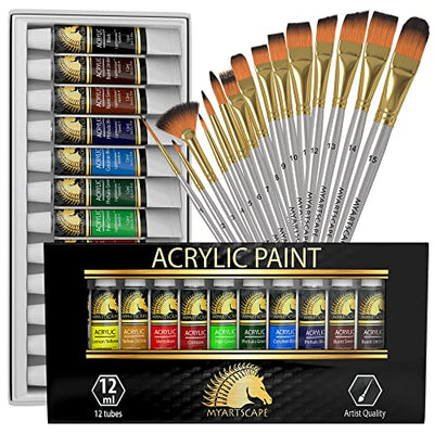 MyArtscape Artist Quality Painting Set - Acrylic Paint Set - 12 x 12ml Tubes - with Premium Set of 15 Short Handle Art Brushes for Watercolor,