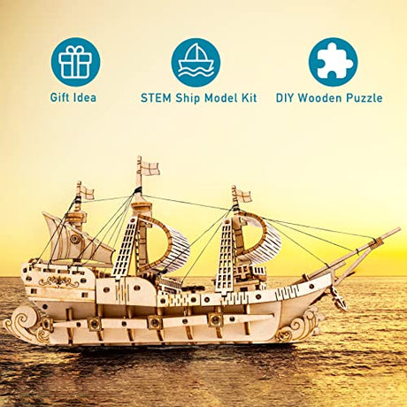 RoWood Vintage Wooden Watercraft Model Kit - 3D Ship Puzzle for Adults RoWood