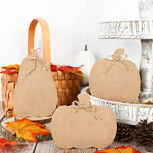 Whaline 6Pcs Fall Pumpkin Wooden Cutouts with Ropes 3 Design Unfinished Pumpkin Shaped Table Wooden Signs for Fall Thanksgiving Halloween Tiered Tray