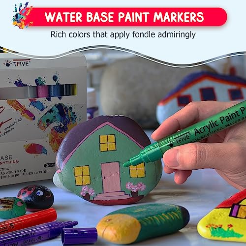 TFIVE Paint Markers Paint Pens - 12 Color Premium Medium Point Acrylic Paint Marker Pens for Rocks Painting, Metal, Ceramic, Glass, Wood, Fabric, TFIVE