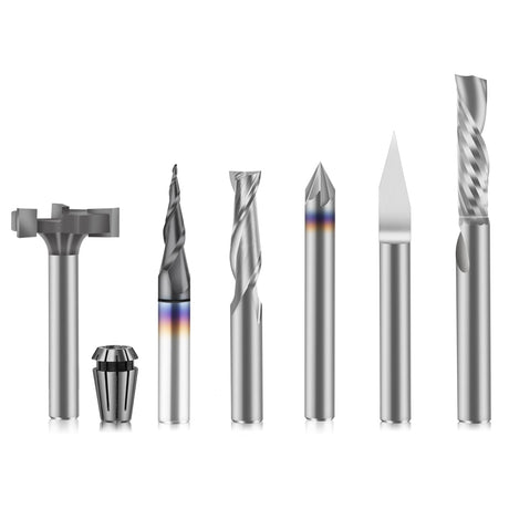 FoxAlien 1/4" Shank CNC Router Bit Essential Kit Includes 1/4" ER11 Collet, V-bit, End Mills, Chamfering Bit for Woodworking MDF Resin Carving FoxAlien
