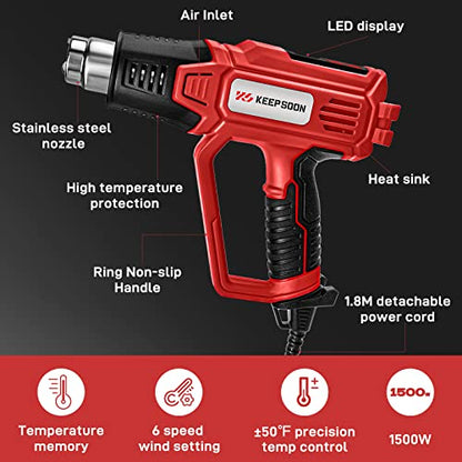 KEEPSOON Heat Gun, LCD Display Hot Air Gun with 122℉~1112℉ (50-600℃) 6 Wind Speed Control, 500w Dual Fan Settings with 6.0Ft UL Cord,Heavy Duty Heat Gun for Resin,shrink tubing,Paint Removal