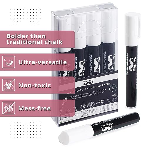 Mr. Pen- White Chalk Markers, 4 Pack, Dual Tip, 8 labels, White Liquid Chalk Marker, For Non-porous Surfaces, Chalk Markers, White Dry Erase Markers, Mr. Pen