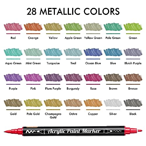 28 Metallic Colors Dual Tip Acrylic Paint Markers, Brush Tip and Fine Tip Acrylic Paint Pens for Rock Painting, Ceramic, Wood, Canvas, Plastic,