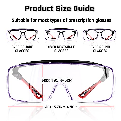 MORELKE Safety Glasses Fit Over Eyeglasses, Anti-Fog & Scratch Resistant Lenses,ANSI Z87 Certified,Eye Protection for Lab,Woodworking (red/black) MORELKE
