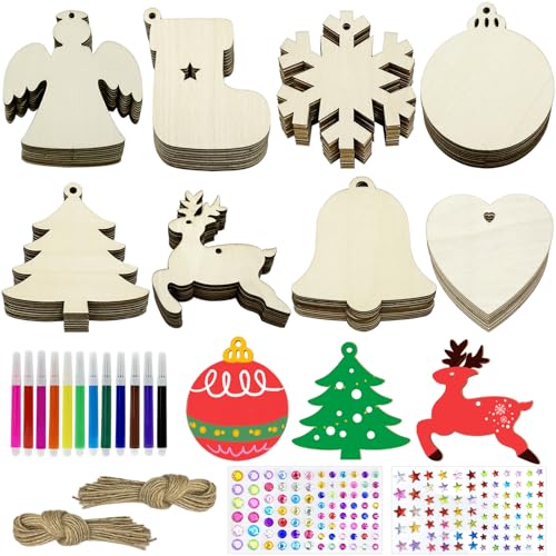 80 Pcs Wooden Christmas Ornaments for Crafts, 8 Styles Unfinished Wood Ornaments With Pens, Gem and Star Stickers, Blank Wood Christmas Tree - WoodArtSupply