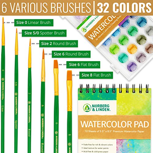 Norberg & Linden Watercolor Paint Set - 36 Premium Paints - 12 Page Pad - 6 Brushes - Painting Supplies with Palette, Watercolors, Art Pad Paper and Norberg & Linden