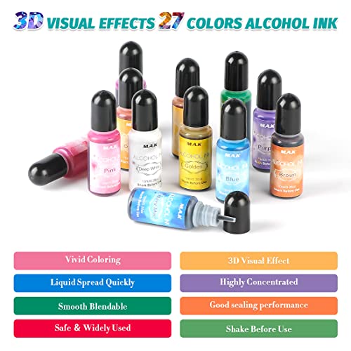 Alcohol Ink Set - 27 Colors Alcohol Liquid Dye, High Concentrated Alcohol-Based Ink Pigment for Tumbler Making, Painting, Resin Petri Dish - 0.35oz M.A.K