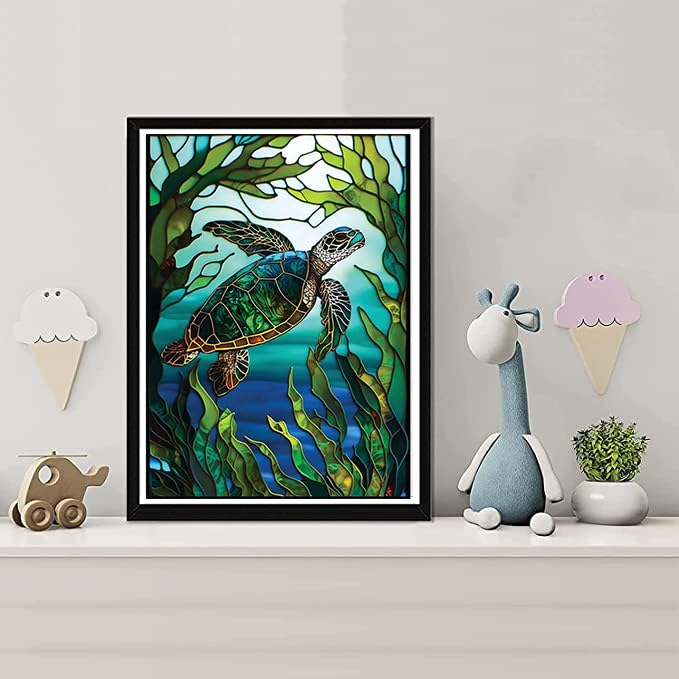 KTHOFCY 5D DIY Diamond Painting Kits for Adults Kids, Sea Turtle Stained Glass Full Drill Embroidery Cross Stitch Crystal Rhinestone Paintings KTHOFCY