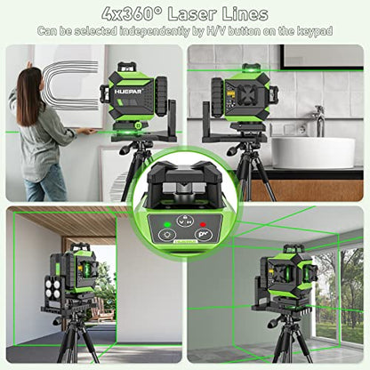 Huepar 4x360 Laser Level Self-leveling 4D Green Beam Cross Line 16 Lines Tiling Floor Laser Tool -2x360 Horizontal/Vertical Laser Lines -rechargeable - WoodArtSupply