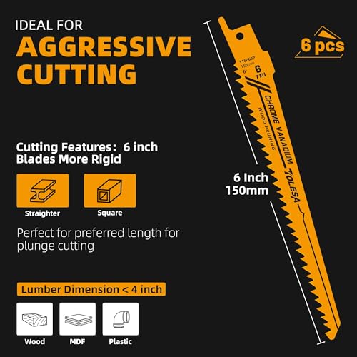 TOLESA Sawzall Blades Wood Cutting 12 Pieces CR-V Sawzall Pruning Blades Fast & Clean Cut Reciprocating Saw Blade with Durability, Flexibility & TOLESA
