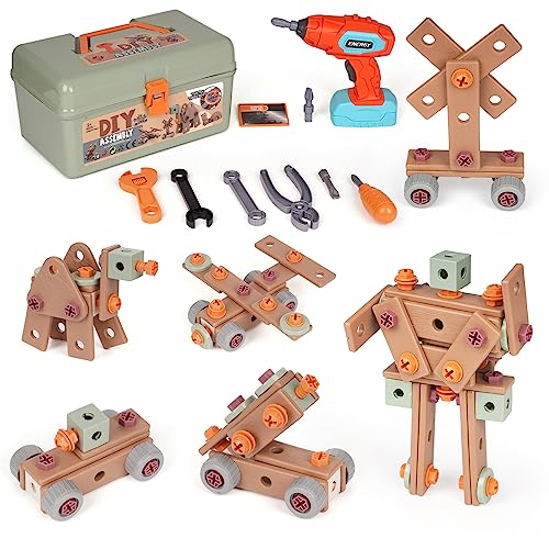 Agirlgle Kids Tool Set, 144 PCS Kids Tool Box STEM Montessori Construction Toy Pretend Play with Electric Drill Hammer Tool Accessories Toddler Tool