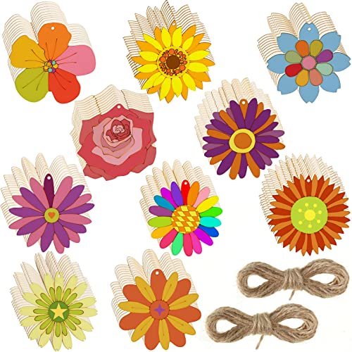 100 Pcs Unfinished Flower Wooden Cutouts 3.15 Inch Daisy Wood Slices Wooden Discs Blank Flower Shape Wood Ornaments Wooden Paint Crafts with 2 Rope