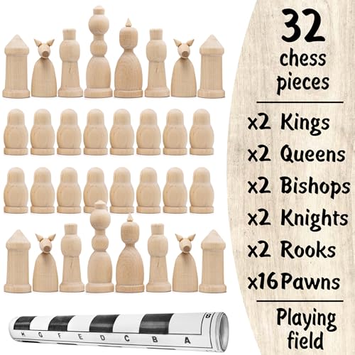 Unfinished Wood Chess Pieces with Vinyl Chess Board - Paint Your Own Chess Set - Blank Chess Sets DIY Arts and Crafts - Chess Gifts for Chess Players AEVVV