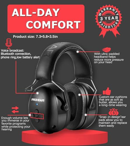 PROHEAR 037 Bluetooth 5.0 Hearing Protection Headphones with Rechargeable 1100mAh Battery, 25dB NRR Safety Noise Reduction Ear Muffs 40H Playtime for - WoodArtSupply