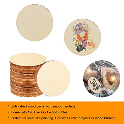 120 Pieces 2 Inch Unfinished Wooden Circles Blank Natural Round Wood Slices Wooden Cutout Tiles for DIY Crafts Home Decoration Painting Staining - WoodArtSupply