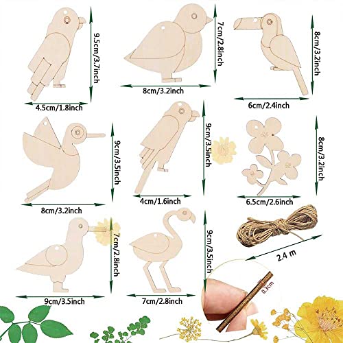 Unfinished Wooden Cutouts Bird Wood Hanging Ornaments Flower Wood Slices Embellishments Blank Wooden Paint Crafts for Kids Painting, DIY Crafts Home Bunhum