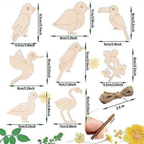 Unfinished Wooden Cutouts Bird Wood Hanging Ornaments Flower Wood Slices Embellishments Blank Wooden Paint Crafts for Kids Painting, DIY Crafts Home Bunhum