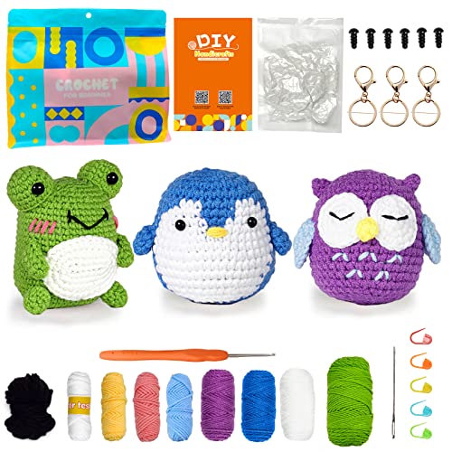 PIPAPI Crochet Kit for Beginners, 3 Pattern Animals-Owl, Penguin, Frog, Knitting Kit for Adult Kids with Step-by-Step Video Tutorials and Yarns, PIPAPI