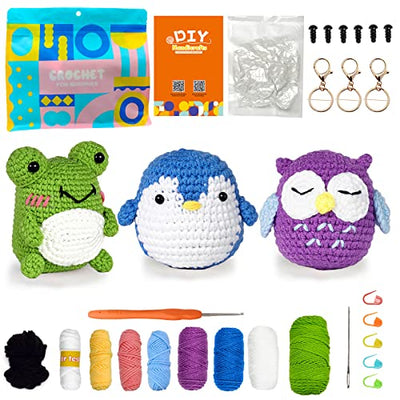 PIPAPI Crochet Kit for Beginners, 3 Pattern Animals-Owl, Penguin, Frog, Knitting Kit for Adult Kids with Step-by-Step Video Tutorials and Yarns,