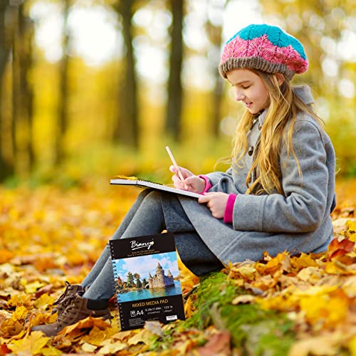 Bianyo Mixed Media Paper Sketchbook, A4 (8.26" X 11.69"), 60 Sheets/Each, 123 LB/200 GSM, Pack of 2 Pads, Spiral-Bound Pad, Ideal for Wet & Dry Media Bianyo