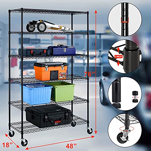 Storage Shelves 6000lbs Capacity, 6 Tier Metal Shelf on Casters 48" L×18" W×76" H Movable Heavy Duty Shelving Unit NSF Wire Shelf with Wheels for TYNB