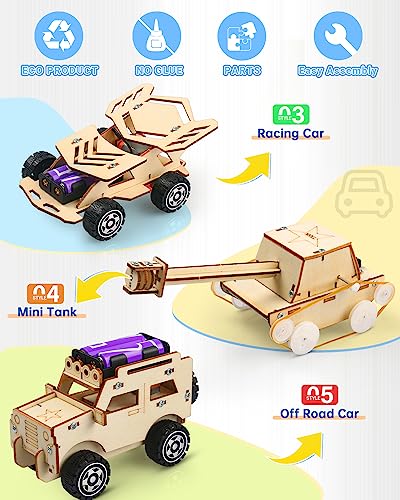 STEM Kits for Kids Age 8-10, 5 Set STEM Projects, Wooden Model Car Kits, Gifts for Boys 8-12, 3D Puzzles, Science Educational Crafts Building Kit, Poraxy