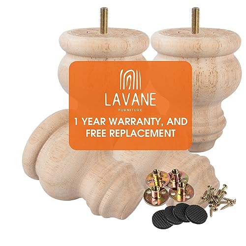 La Vane 3 inch / 8cm Unfinished Wooden Furniture Legs, 4PCS Soild Wood Turned Spindle Replacement Bun Feet with Pre-Drilled M8 Inch Bolt & Mounting La Vane