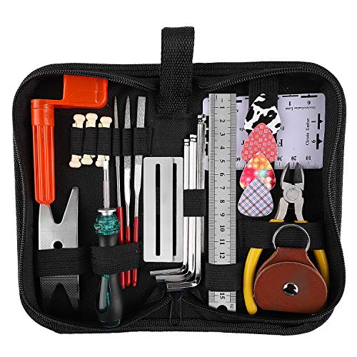 Guitar Repairing Tool Kit(26PCS) Wire Plier,String Organizer,Fingerboard Protector,Hex Wrenches, Files, String Ruler Action Ruler, Spanner A-xctoe