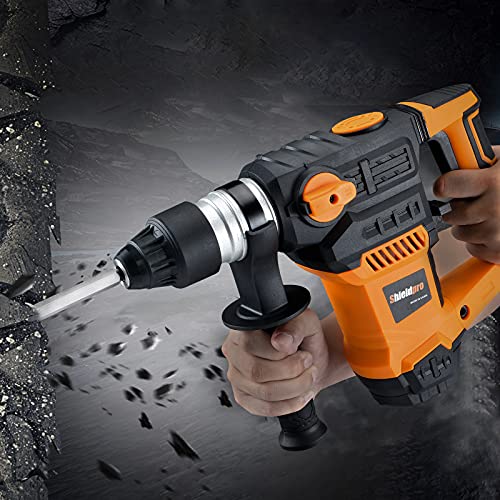 SHIELDPRO 1-1/4 Inch SDS-Plus 13 Amp Rotary Hammer Drill Heavy Duty, Safety Clutch 3 Functions with Vibration Control,Including Grease, Flat Chisels, - WoodArtSupply