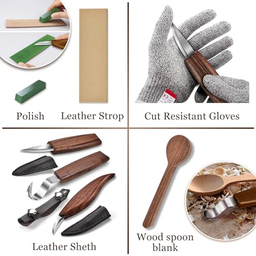 WAYCOM 12pcs Wood Whittling Kit Wood Carving Tools Set Hook Carving Knife,Detail Wood Knife,Whittling Knife Cut Resistant Gloves Leather Sheath And - WoodArtSupply