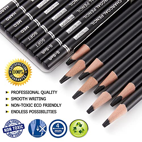 PANDAFLY 8 Pieces Super Soft, Soft, Medium and Hard Charcoal Pencils 5 Pieces White Charcoal Pencils Drawing Set - WoodArtSupply