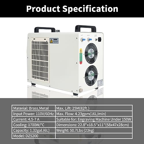 LCyindu Water Chiller 6L Industrial Chiller Thermolysis Type Water Chiller 1700W/°C Current Recirculating Chiller 4.23gpm 4.5-7A For 40W 60W 80W 130W LCyindu