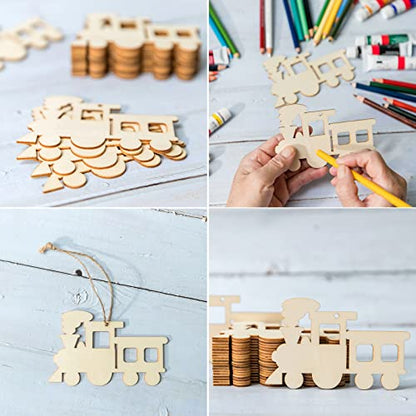 20pcs Unfinished Train Wood Ornaments Train Shape Blank Wood Natural Slices for DIY Crafts Christmas Holiday Wedding Birthday Party Decoration