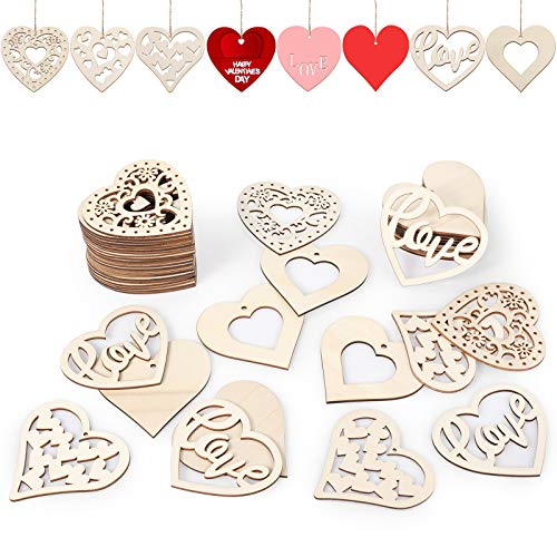 80 Pieces Valentine's Unfinished Heart Shaped Wood Slices Pre-drilled DIY Heart Slices Wooden Heart Ornaments with Natural Twine (3 x 3 Inches, Wood