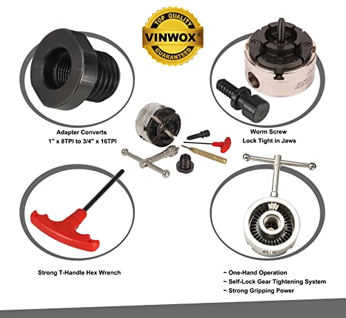 VINWOX SCK4-3.75 Wood Lathe Gear Chuck Key Chuck, with 1"x8TPI Thread & 3/4"x16TPI Adapter, 3 Years Warranty