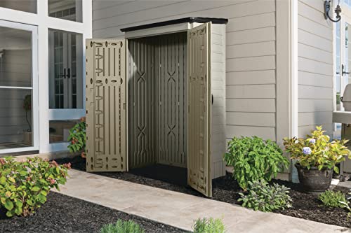 Rubbermaid Outdoor Small Vertical Resin Storage Shed, 5x2 Feet, Brown, Weather Resistant Utility Shed with Lock for Storage for Lawn