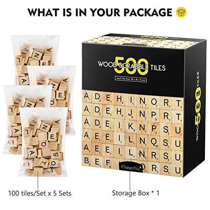 Magicfly 500 Pieces Letter Tiles, Wooden Scrabble Tiles for Crafts, A-Z Capital Wood Letters for Crafts, Spelling,Scrabble Crossword Game - WoodArtSupply