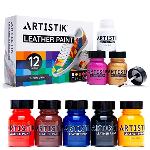 Leather Paint Set with Brushes - 12 x 30ml Acrylic Paints Leather Dye Set for Shoes Bags Boots Sneakers Jackets Car Seat Leather ARTISTIK