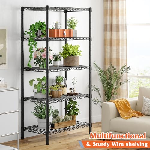 REIBII Wire Shelving Rack 5-Tier Metal Shelves for Storage Adjustable Garage Shelving Heavy Duty Storage Shelves for Storage Rack, 24" W X 14" D X REIBII