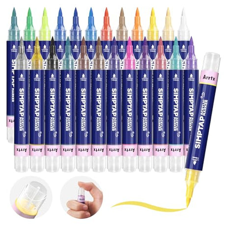 Arrtx Top Valve Action Marker Pen, Set of 24 Colors Simptap Acrylic Paint Pens, Extra Brush Tip, Water Based Paint Markers for Stone, Glass, Easter Arrtx