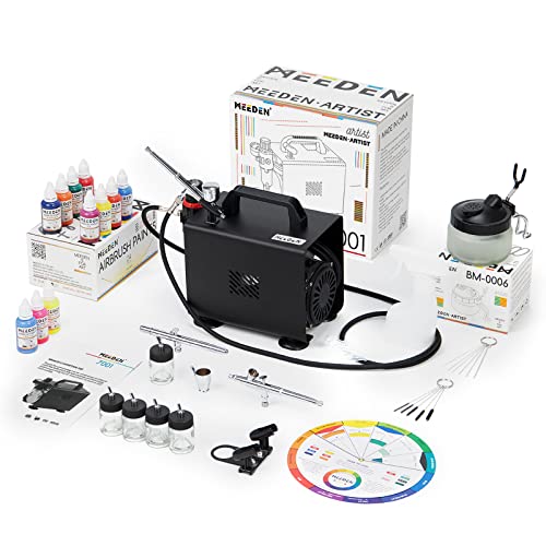 MEEDEN Airbrush Kit with Compressor, Professional Quiet Airbrushing System Kit with 24 Airbrush Paints(30 ml/1 oz), Cleaning Kits, 3 Airbrushes, - WoodArtSupply