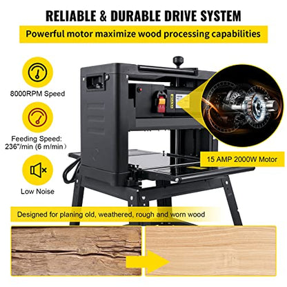 VEVOR Thickness Planer 12.5 inch Wood Planer Foldable 1500W Thickness Planer Woodworking 315"/min Feed Rate Double Cutter Benchtop Thickness Planer