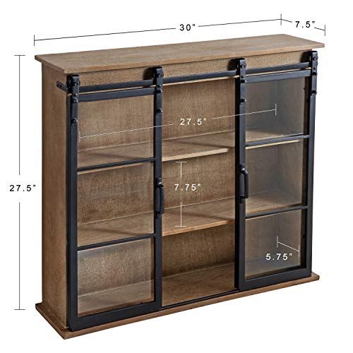 Kate and Laurel Barnhardt Decorative Wooden Wall Cabinet with Two Sliding Glass Doors, 30" x 28", Rustic Brown, Barndoor Modern Farmhouse Storage - WoodArtSupply