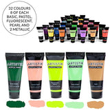 ARTISTIK Acrylic Paint Tube Set of 32-22ml Paint Tubes with 3 Brushes for Adults, Kids and Artists - Non-Toxic Artist Quality Paints for Canvas ARTISTIK