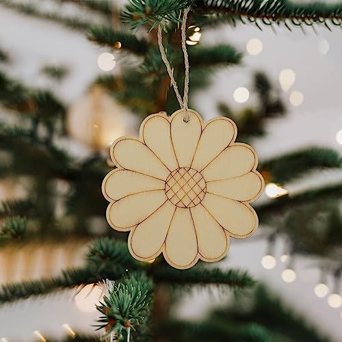 SEWACC Unfinished Wood Crafts 50 Sets Wooden Flower Cutouts Unfinished Flower Shapes Blank Wood Ornaments Flower Embellishments with Hemp Ropes for SEWACC