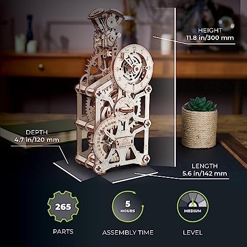 UGEARS Engine Clock 3D Puzzle - Wooden Model Kits for Adults – 3D Wooden Models to Build - DIY Mechanical Wooden Pendulum Clock Puzzle with Moving UGEARS