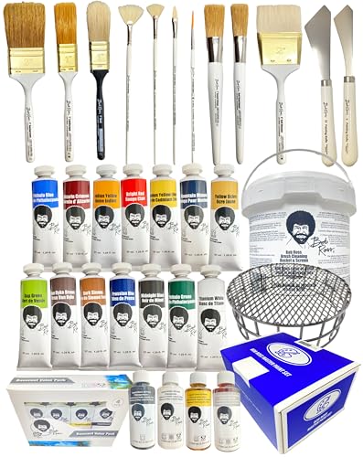 BobRoss Painting Supplies 33 Piece Complete Master Paint Set - Joy of Painting Kit w/ 10 Brush, 2 Knife, 14 Landscape Oil Colors, Base Coat 4-Pack, - WoodArtSupply