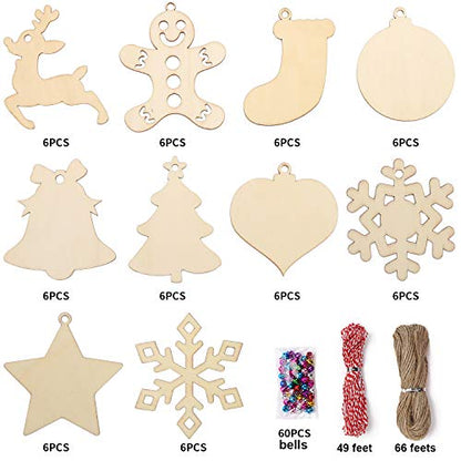 DIYASY Christmas Wood Ornaments for Crafts,60 Pcs DIY Unfinished Wood Cutouts Kit for Kids and Adults Christmas Trees Hanging Decoration